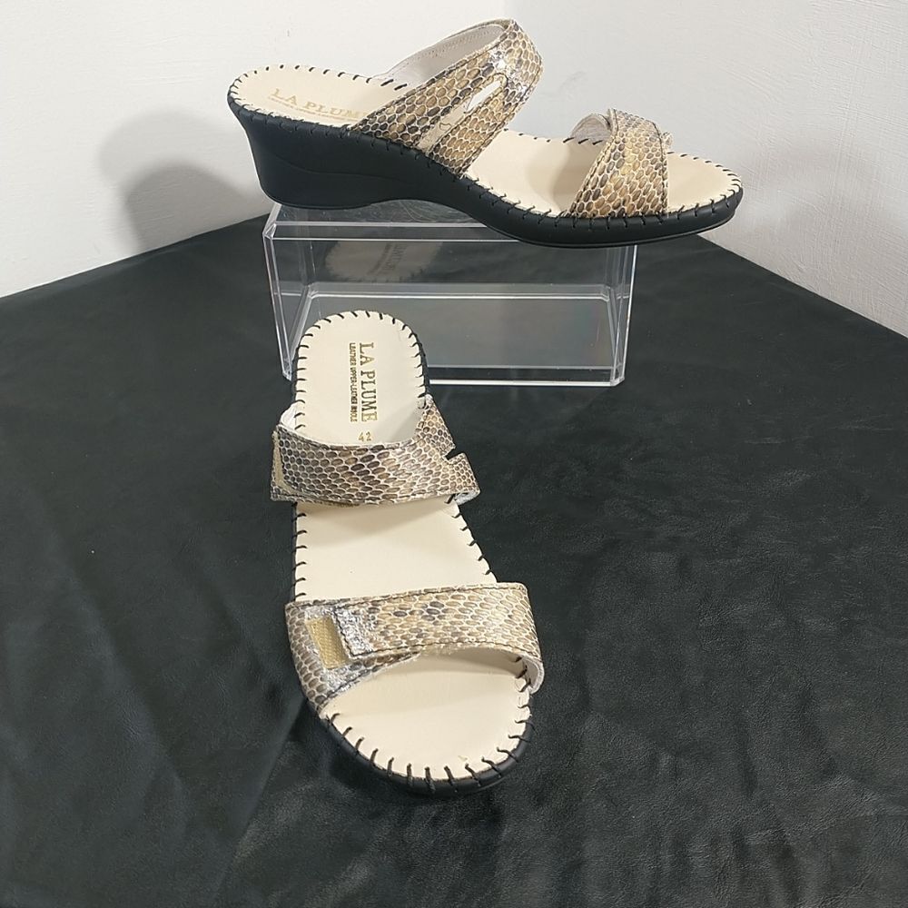 LA PLUME Bone Snake Print Leather Wedge Open Toe Slides Sandal Eu 42 US 10.5.